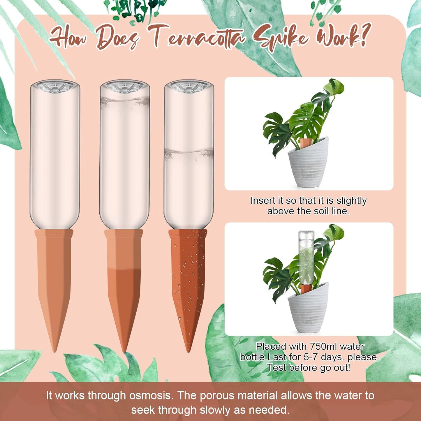 3 Sets Plant Watering Devices Include Terracotta Self Watering Spikes and 26 oz Plastic Bottles, Slow Release Vacation Insert Automatic Plant Waterer Device (Blue Clear Brown and Terracotta)