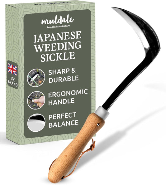 Muldale Japanese Weeding Sickle – Curved Razor Hand Hoe Garden Tool with Ergonomic Wooden Handle for Easy Manual Weeding & Gardening