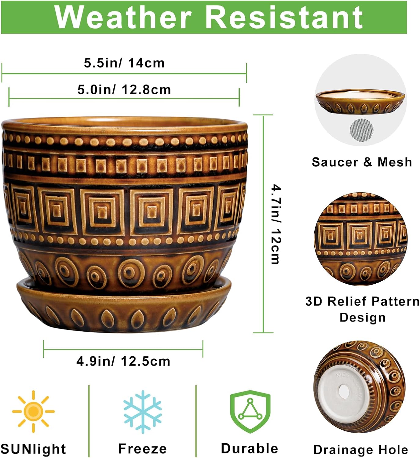 G EPGardening Succulent Pot 5.5 Inch - Ceramic Plant Pot for Indoor Plants Outdoor, Round Boho Planter with Drainage Hole and Saucer, Gifts for Plant Lovers, Office Home Garden Decor, Brown