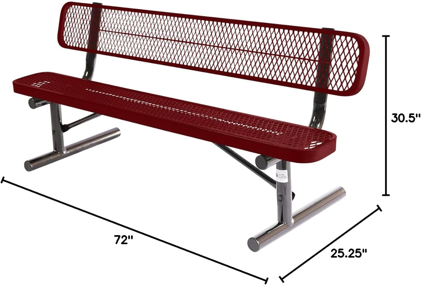 Heavy-Duty Portable Outdoor Bench Thermoplastic Coated, Expanded Metal, Commercial-Grade Seating, Made in America (Portable with Back, 6 Ft, Textured Burgundy)