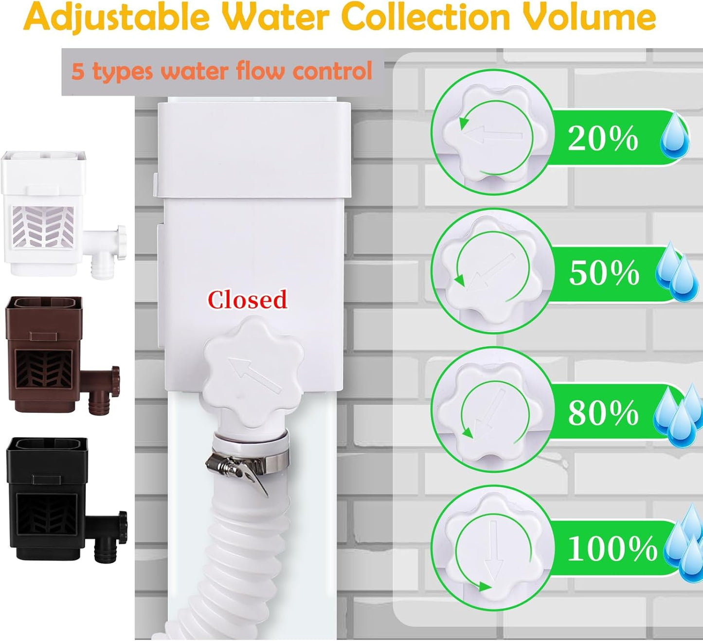 Rain Barrel Diverter Kit, Downspout Diverter Fits for 2"x 3" or 3"x 4" Standard Downspout, Rainwater Collection System with Adjustable Valve and Filter,5ft Hose(White)