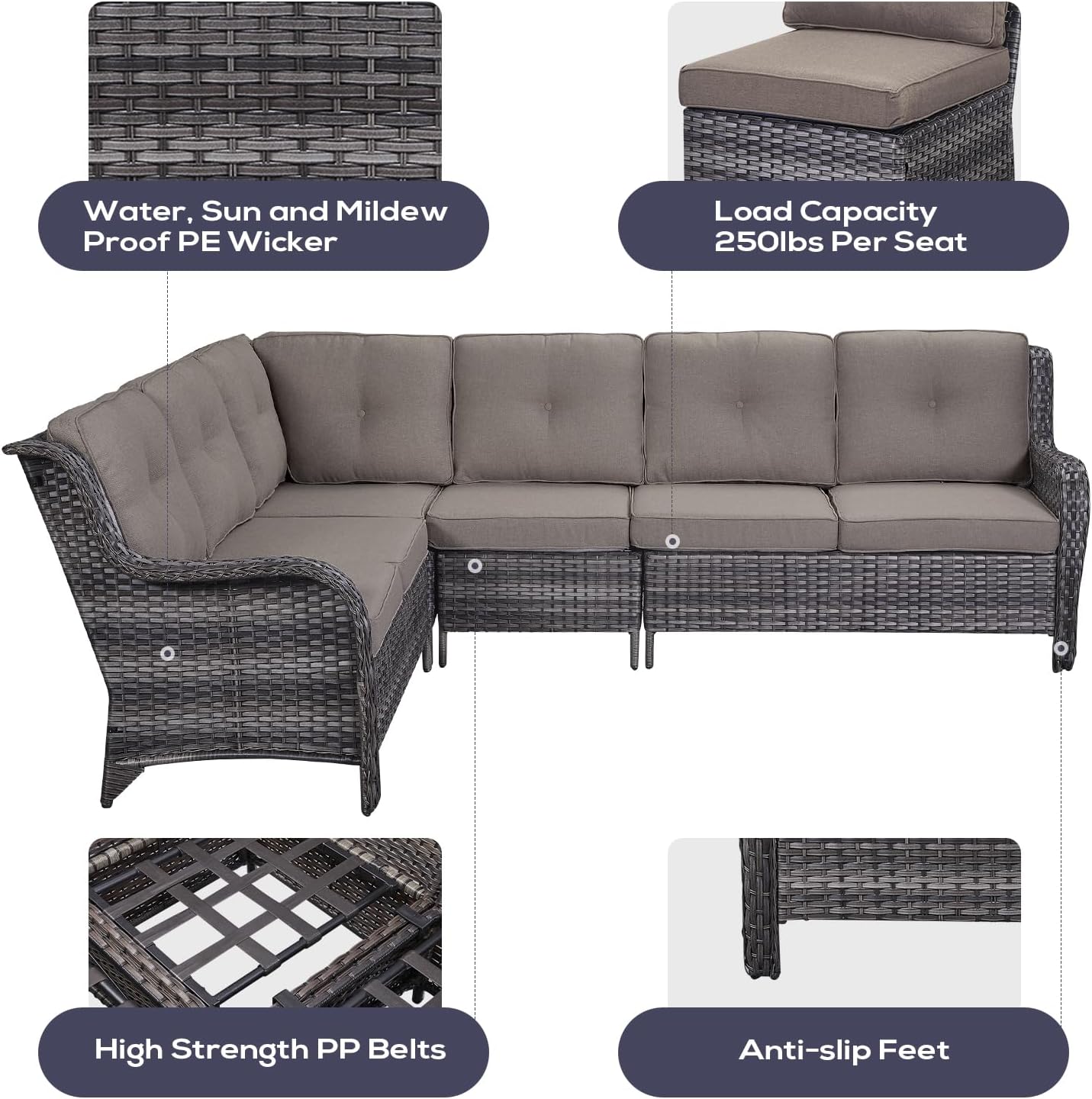 Outdoor Furniture Sectional Sofa L Shaped Couch - Patio Wicker Set with 2 Swivel Glider Chairs, 5 Piece Rattan Patio Conversation Sets with Gray Cushion for Deck Backyard Sunroom