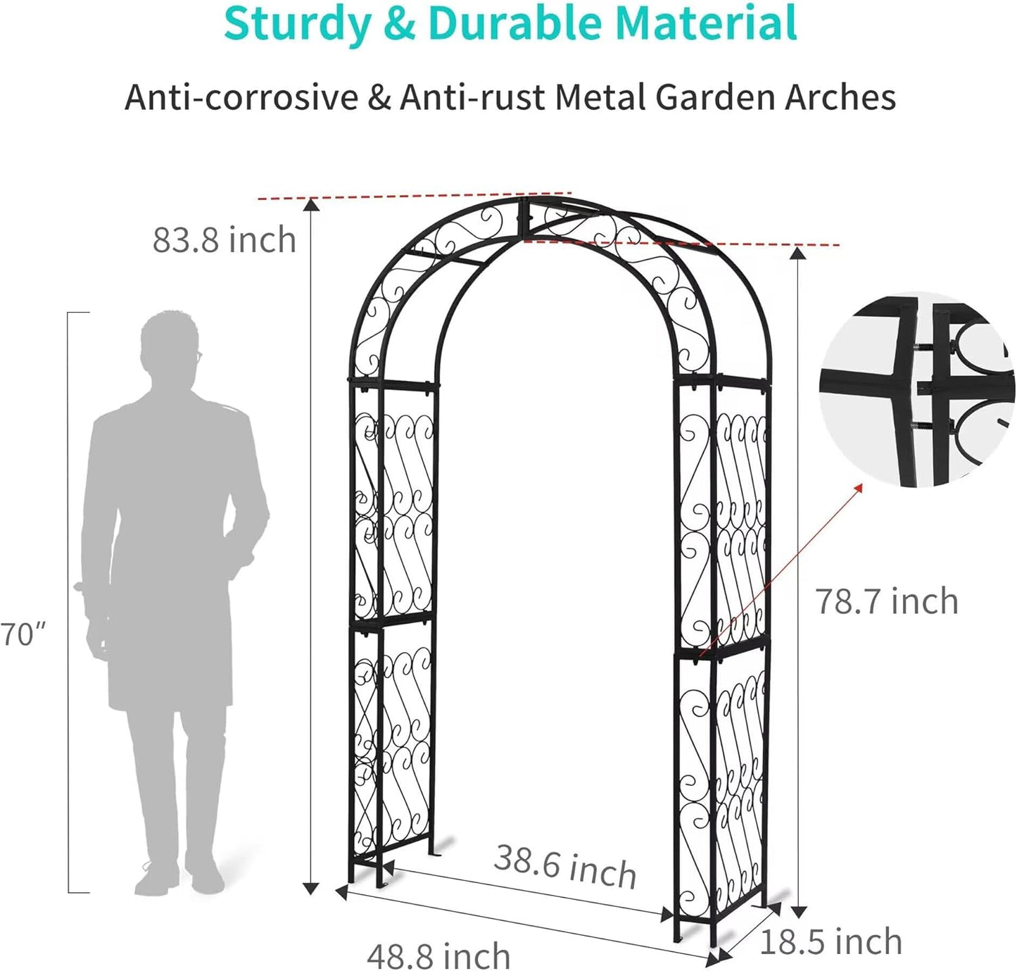 SCENDOR 48.8" W x 83.8" H Garden Arch, Black Sturdy Metal Iron Arbor, Courtyard Cast Trellis for Various Climbing Plant, Outdoor European-Style Archway Wedding Ceremony Party