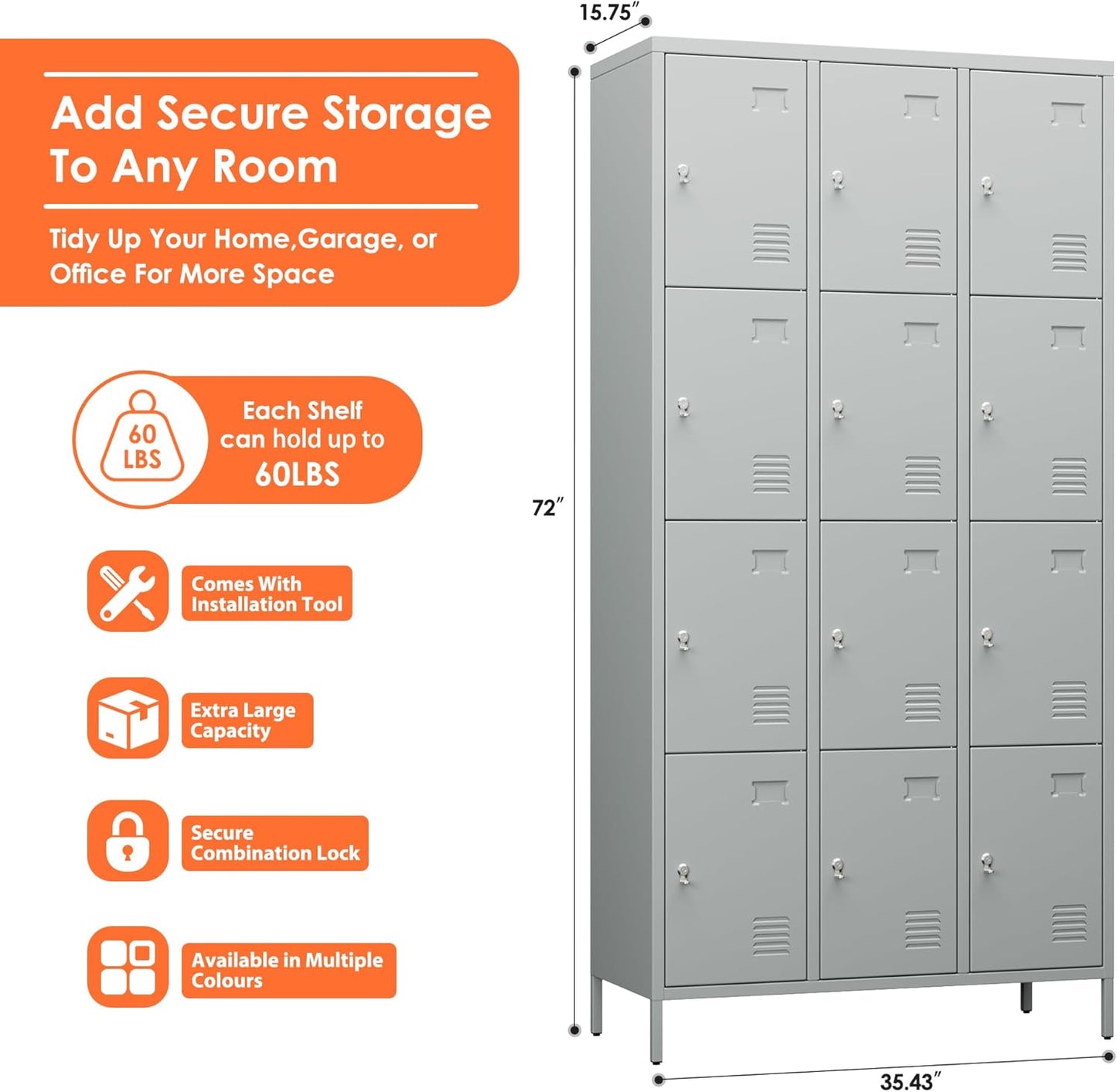 12 Doors Metal Storage Locker, 72" H Employees Lockers Storage Cabinet with 12 Hooks for Home, Office, Gym, School, Assembly Required, Light Gray