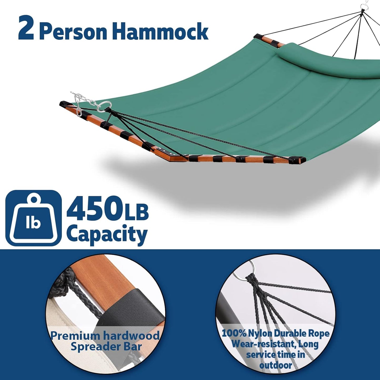 TegerDeger 12FT 2 Person Hammock Large Hammock 450LB Capacity with V Shaped Hardwood Spreader Bar & Nylon Rope for Outside, Patio, Garden, Backyard, Beach, Poolside - Lake Blue