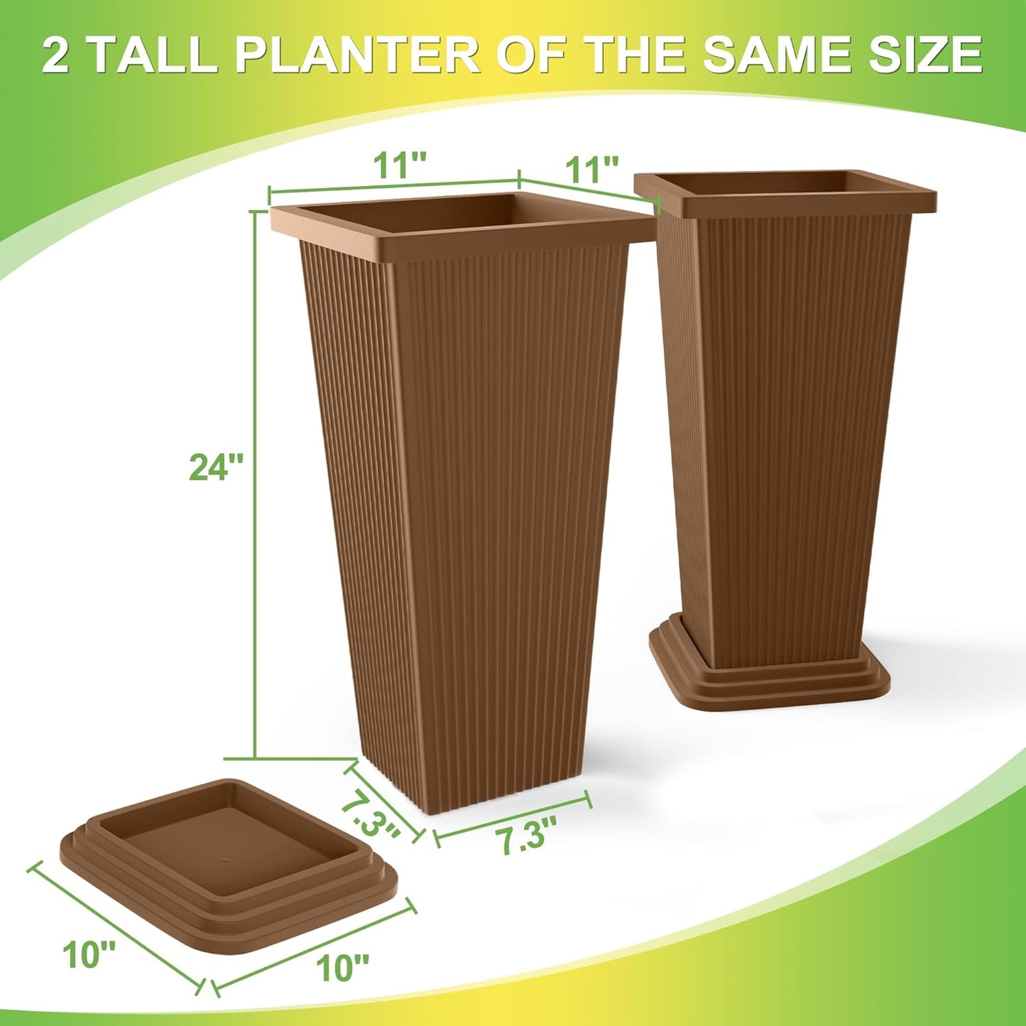 Set of 2 Tall Planters, 24" Large Indoor Outdoor Flower Pots with Tray, Modern Tapered Planters for Porch, Patio, Garden, Backyard