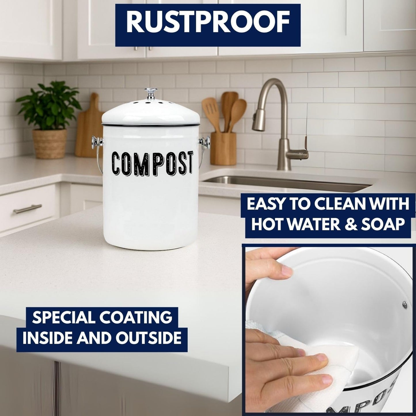 Granrosi Countertop Compost Bin Kitchen - 1.3 Gal Indoor Compost Bucket with Lid for Kitchen; Farmhouse Rust Proof & Odorless Composter Bin for Countertop; 3 Charcoal Filters