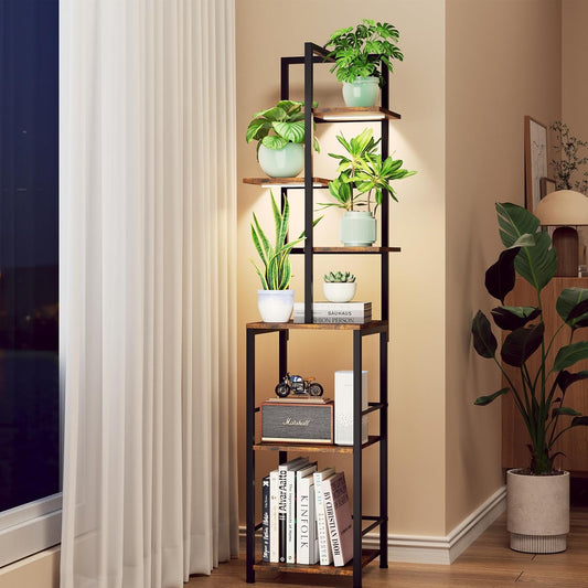 Plant Stand Indoor with Grow Light, 6-Tiered Tall Plant Stand Indoor, Metal Plant Shelf with Bookshelf Bookcase and Adjustable Light, Ideal for Living Room, Reading room, Garden, Patio (Brown)