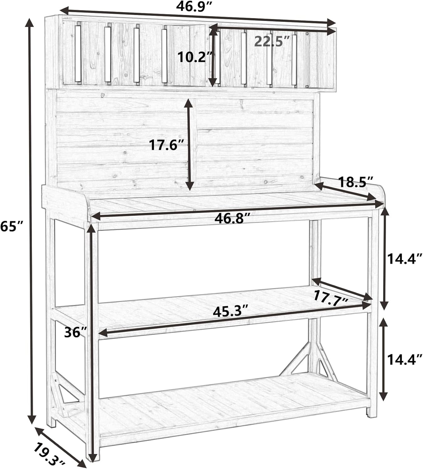 65" Wooden Potting Bench with 4 Shelves & Side Hook - Farmhouse Style Outdoor Garden Workstation (Natural + Solid Wood + Timber)