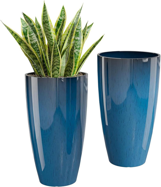 QCQHDU 21 inch Tall Planters for Outdoor & Indoor Plants, 2 Pack Sturdy Plant-Flower-Tree Pots for Front Porch Patio Deck Living Room Decor, Blue