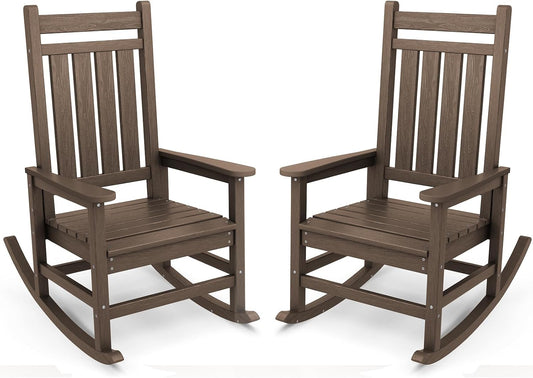 SERWALL Outdoor Rocking Chair Set of 2, HDPE Rocking Chairs for Adult, All Weather Porch Rockers for Lawn Garden, Coffee