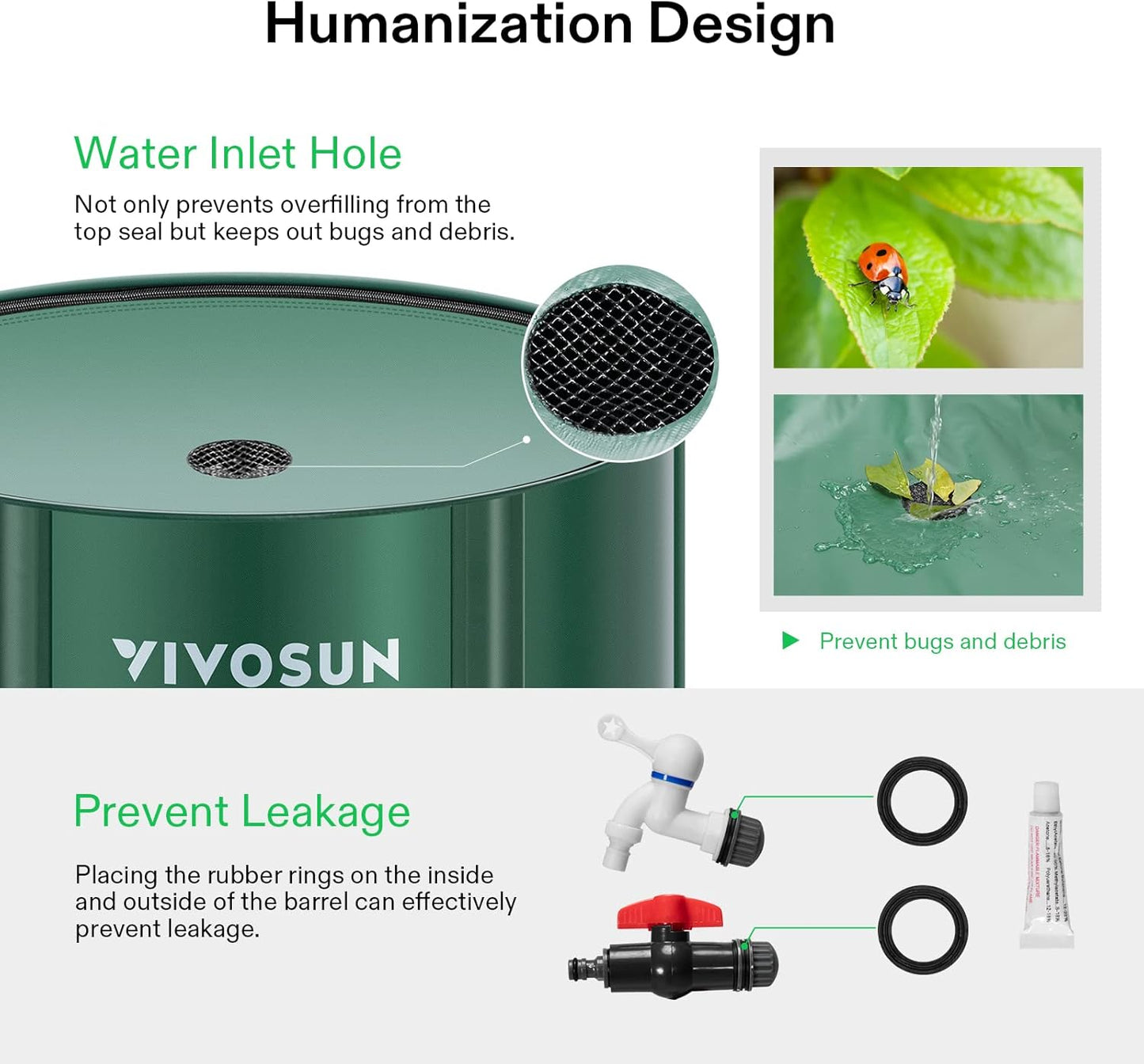 VIVOSUN Collapsible Rain Barrel, 132 Gallon Water Storage Tank with 1000D Oxford Cloth, Portable Rain Collection System Includes Two Spigots and Overflow Kit, Green