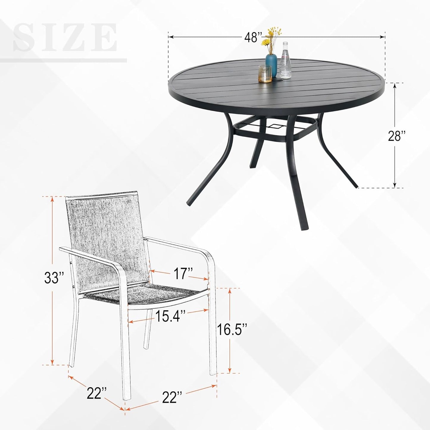 7-Piece Outdoor Dining Set, 48'' Round Table with 6 Stackable Chairs All Weather Furniture Set - Grey