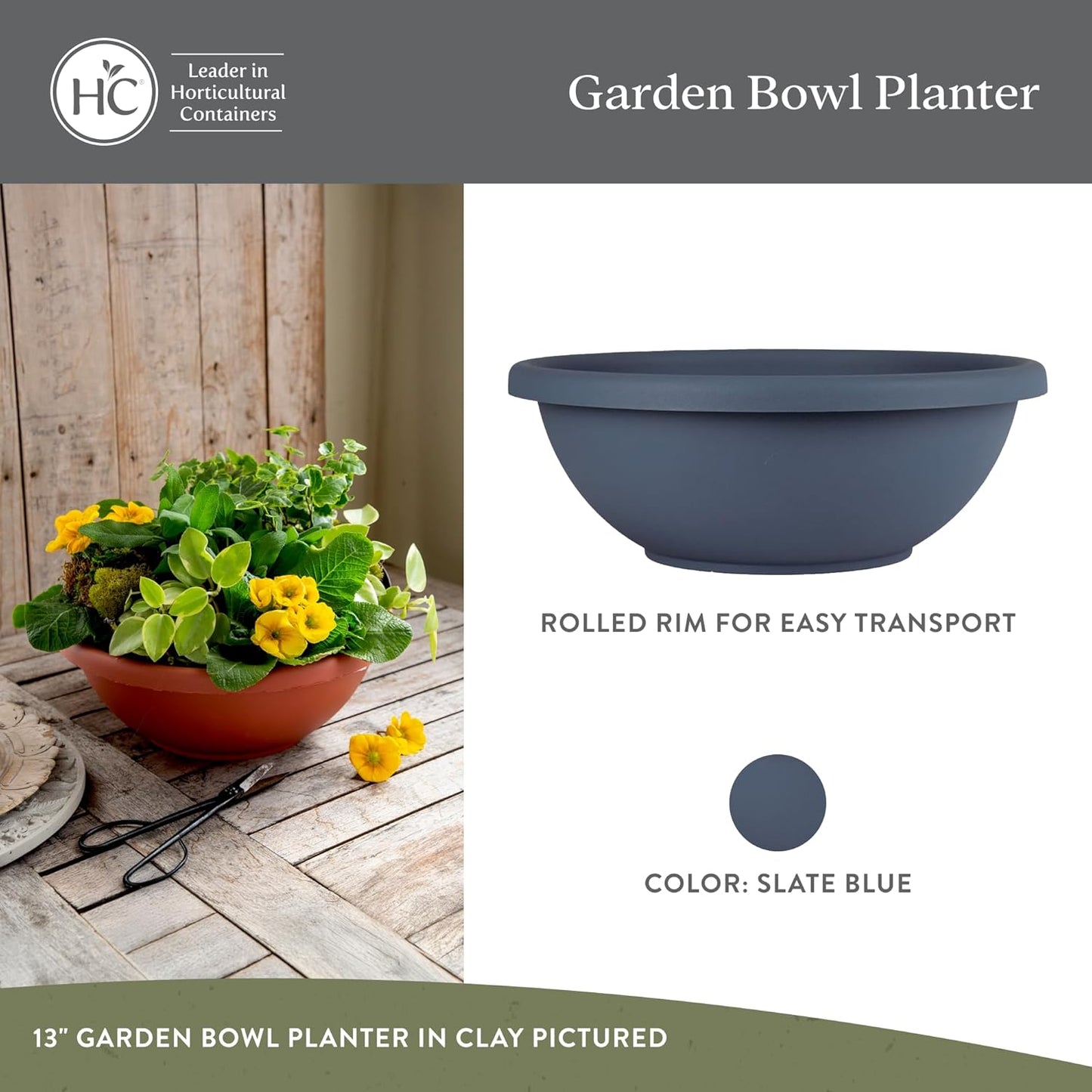 The HC Companies Shallow Planter with Drainage - Contemporary Garden Bowl Planter for Flowers, Herbs & More - Round Succulent Planter Pot for Indoors and Outdoors (24" Slate Blue, Pack of 2)
