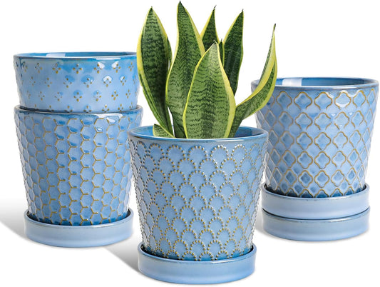 Plant Pots, 5 Inch Pots for Indoor Plants, Planters with Drainage Hole and Saucer, Ceramic Flower Pots Desktop Office Windowsill Decoration Gift Set of 4 - Sky Blue