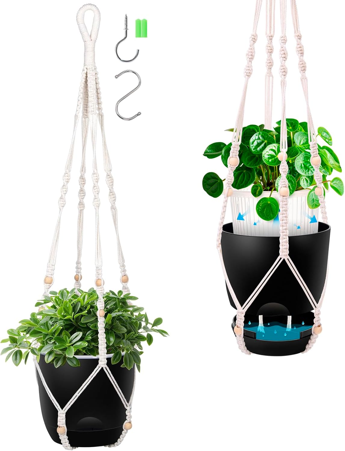 2-Pack 5.7-Inch Self-Watering Hanging Planters for Indoor & Outdoor Plants,34Inch Macrame Hanger Plant Pots Indoor with Drainage,Small Hanging Planters & Baskets,With Two Sets of Hooks（Pure black）