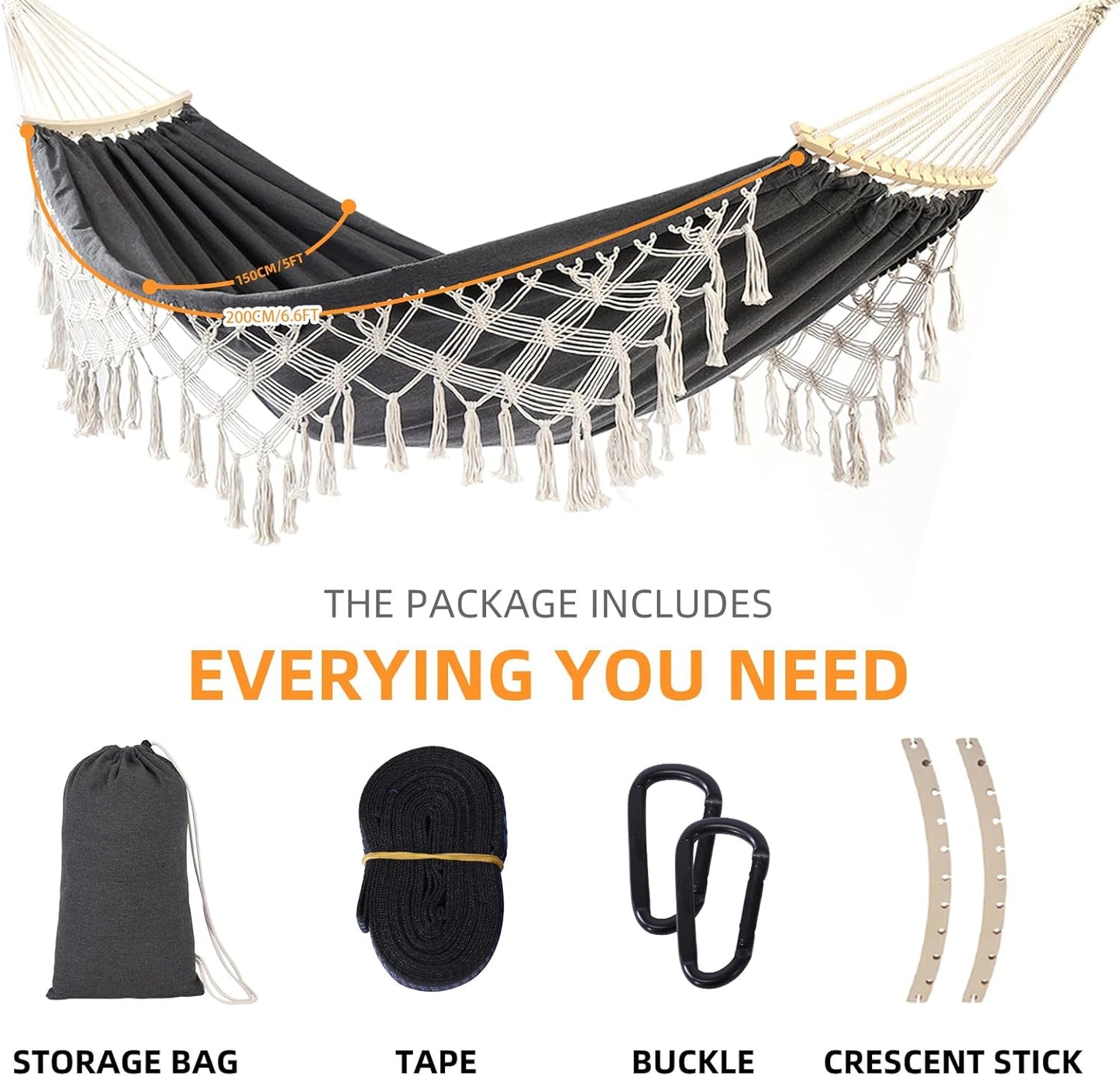 Hammock Hanging Swing Double Max 500lbs Macrame for Indoor Outdoor Patio Yard Garden (Black Gray)