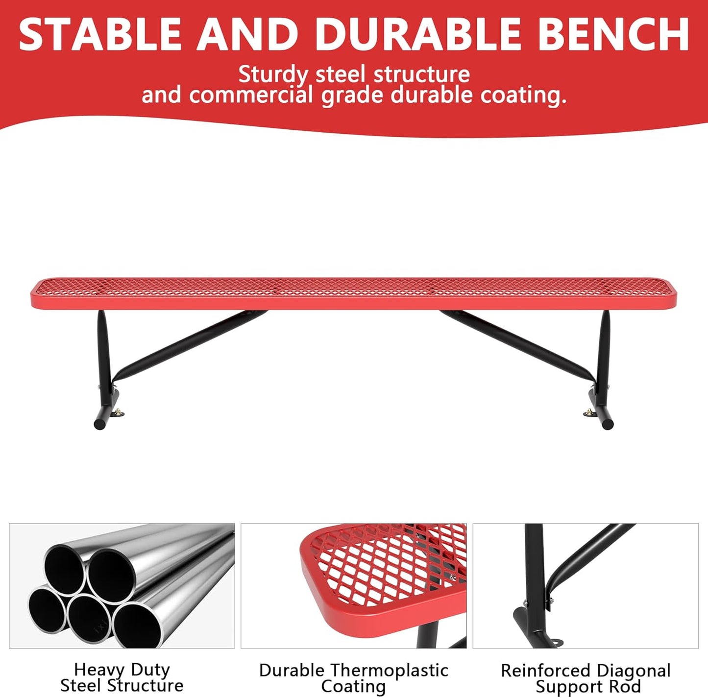 8 Feet Heavy Duty Metal Park Bench for Outside, Outdoor Bench with Portable Frame, Commercial Benches for Shopping Mall, Store, Park, Patio, Deck, Red