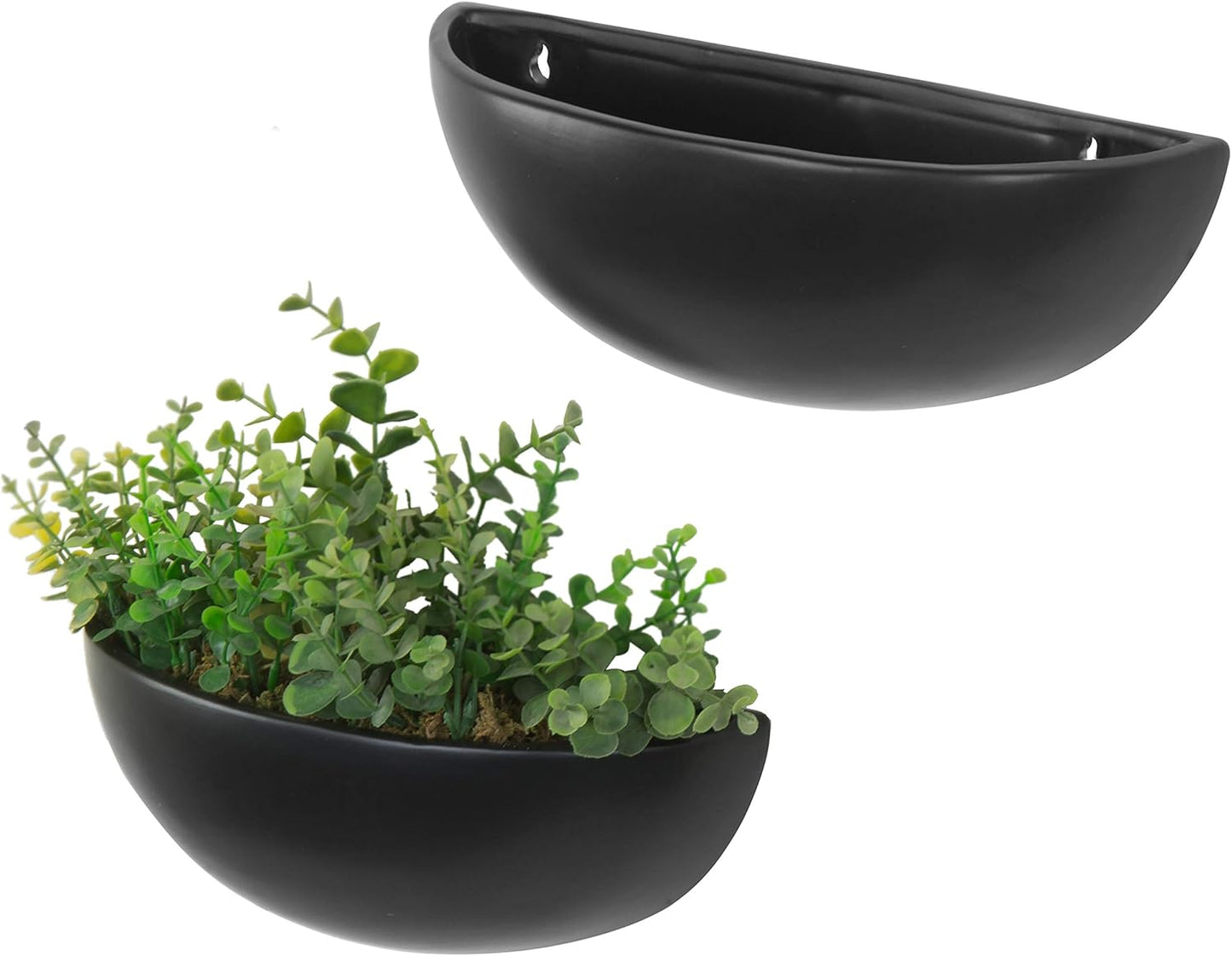 MyGift Matte Black Ceramic Indoor Wall Planter, 12 Inch Semi Circle Hanging Wall Vase, Set of 2