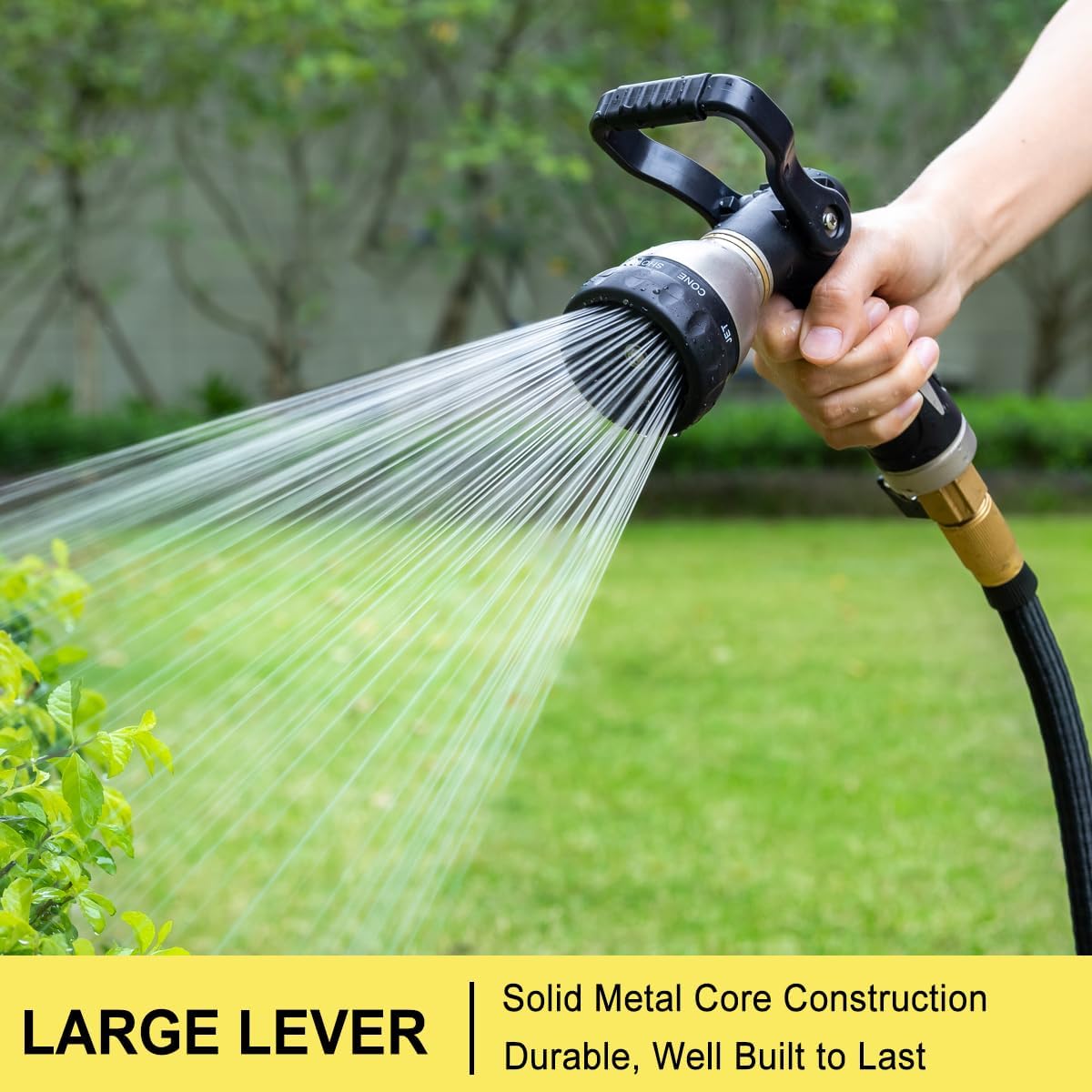 FANHAO Heavy Duty Fireman's Hose Nozzle, Metal Water Nozzle with 8 Spray Patterns，High Pressure Garden Hose Sprayer with Lever Control and Non-Slip Grip to Water Lawns & Plants, Wash Cars & Clean