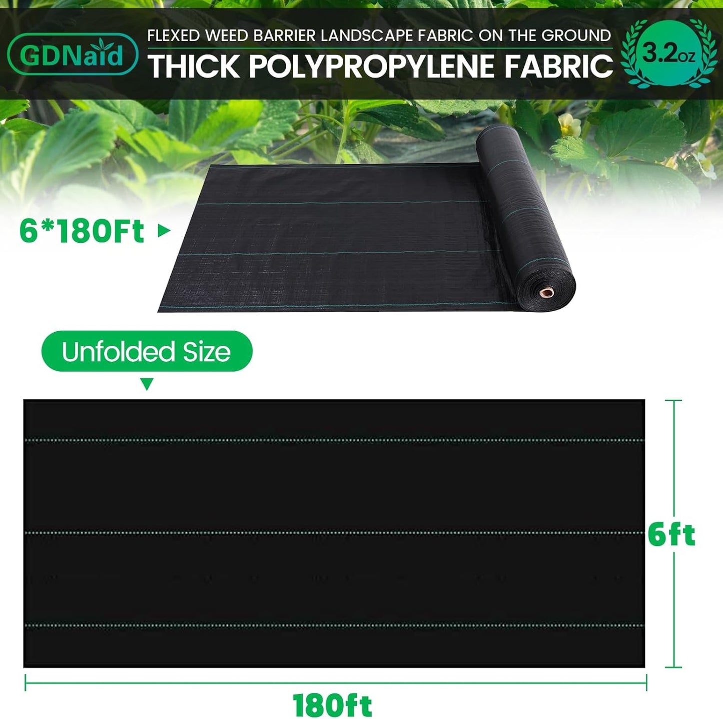 6ftx180ft Weed Barrier Landscape Fabric Heavy Duty, Premium 3.2oz Weed Barrier Fabric Garden Ground Cover, Weed Fabric, Garden Landscaping Fabric
