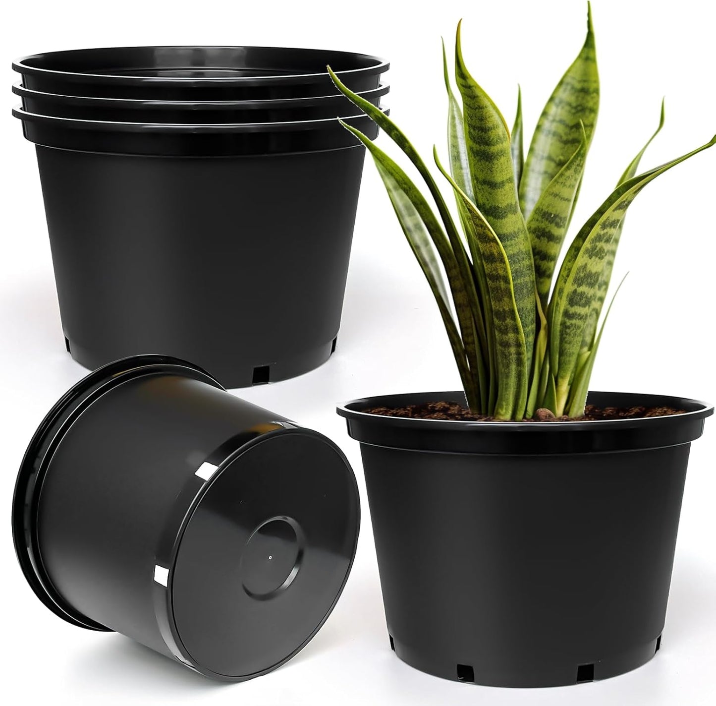 7 Gallon Plastic Nursery Pots, 15 Inch Large Plastic Pots for Plants, Round Plant Pots with Drainage Holes, Flower Pots for Outdoor Indoor Plants, Gardening Gifts for Women (5-Pack, Black)