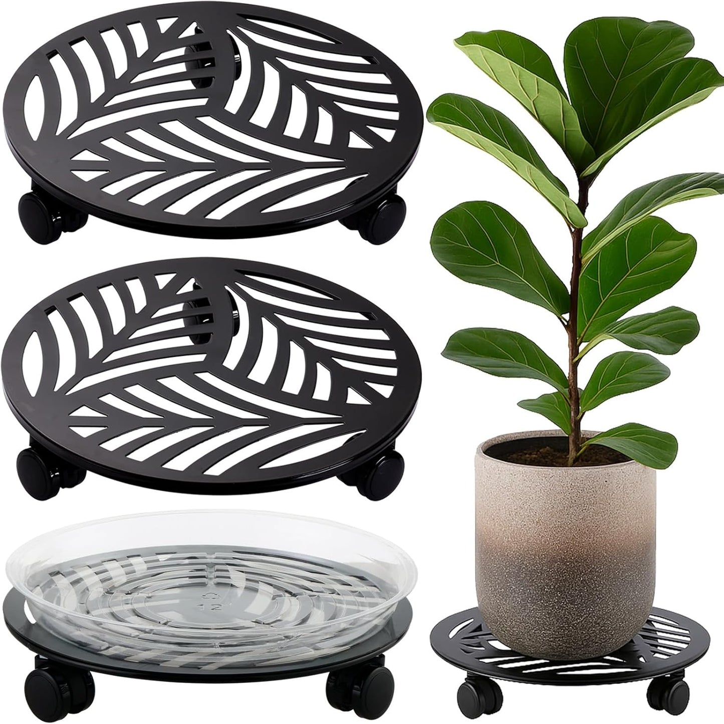 2 Packs Large Metal Plant Caddy with PU Wheels 12" Heavy-Duty Wrought Iron Rolling Plant Stands Indoor Outdoor Wheeled Plant Dolly Planter Mover Rollers Plant, Leaf Style