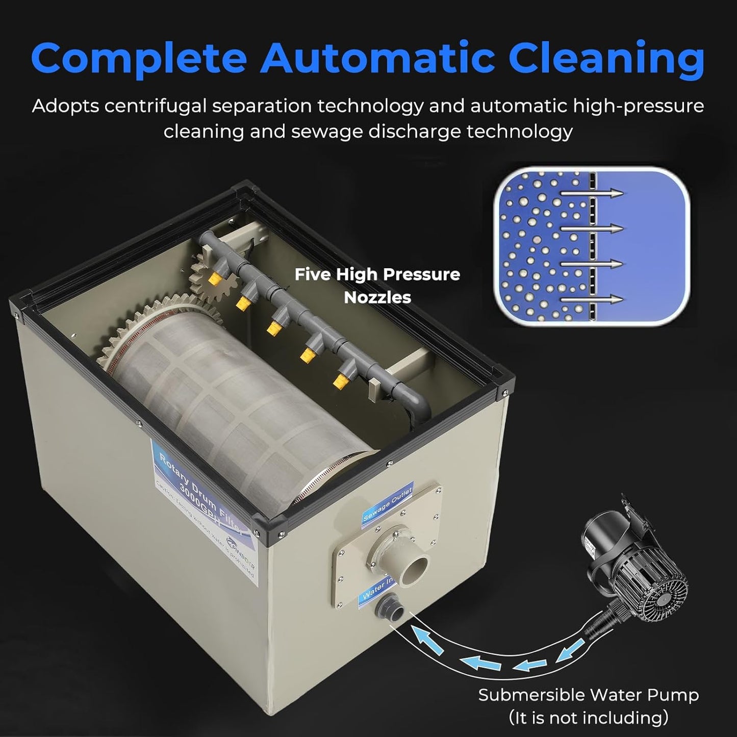 Rotary Drum Filter-3000GPH Canister Filter AC110-240V RDF Fully Automatic Water Self-Cleaning Filtration for Koi Pond,Fish Pond,Aquarium,Fish Farm,Seedling Cultivation Base,Aquaculture,Hydroponics