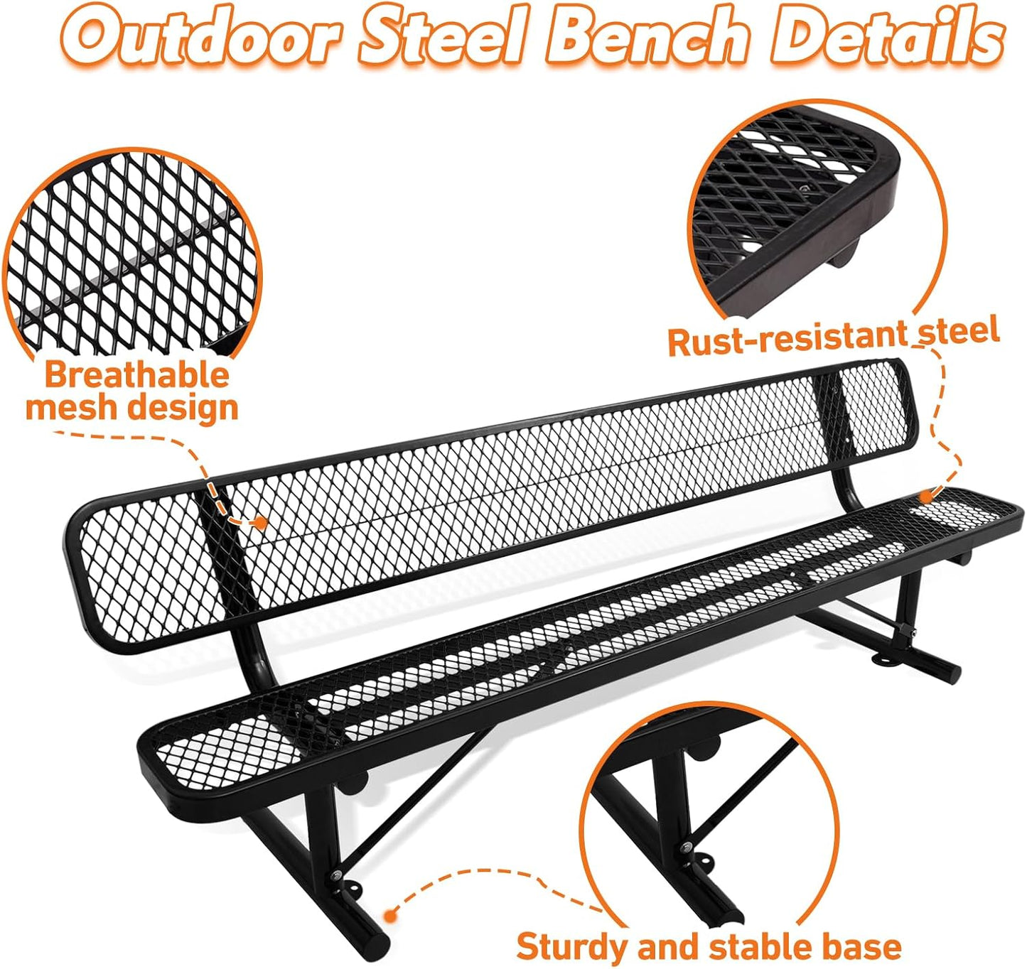 8Ft Outdoor Bench with Back Portable Frame, Outdoor Steel Park Bench with Backrest, Expanded Metal Mesh Bench for Outside, Lawn, Backyard, Park, Deck, Garden, Patio, Porch, Black