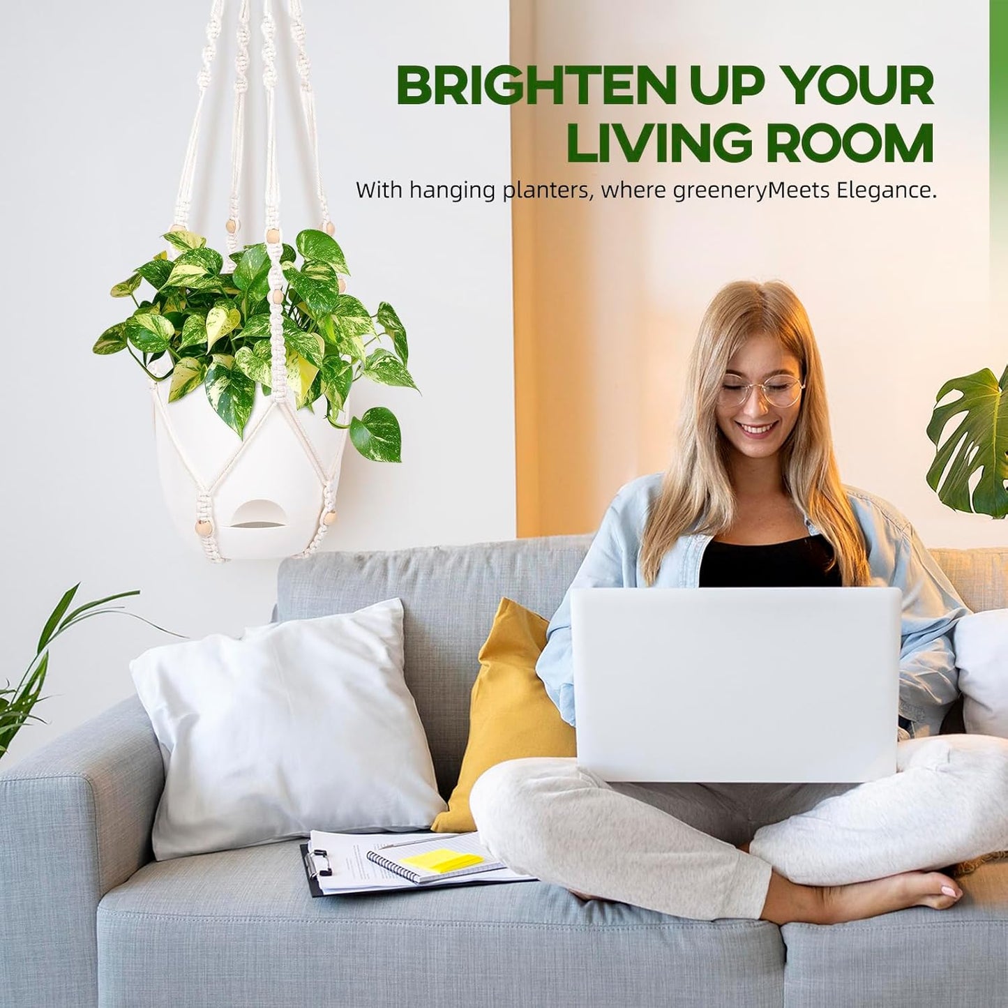 2-Pack 7.1-Inch Self-Watering Hanging Planters for Indoor & Outdoor Plants,34Inch Macrame Hanger Plant Pots Indoor with Drainage,Small Hanging Planters & Baskets,With Two Sets of Hooks（Pure white）