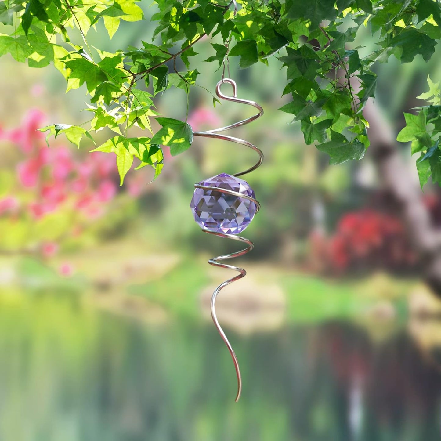 Wind Spinner Spiral Tail, Gazing Ball Spiral, Decorative Sun Catcher Rainbow Maker 11inch Tail and 2 inch Purple Crystal Orb with Swivel Hook, Indoor & Outdoor Garden Decoration 13" Height