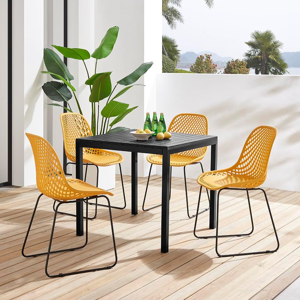 Plastic Outdoor Dining Table with Metal Legs, Weather Resistance, Home Patio Table, Restaraunt Outdoor Table, Quick Assembly (Black)
