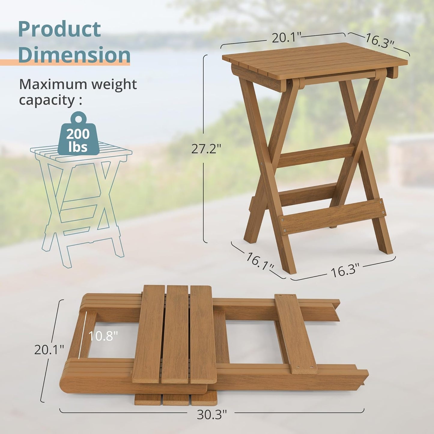 LUE BONA 27 inch Folding Side Table, HDPS Outside End Table for Patio, Porch, Deck, Pool, Weather Resistant, Teak Color Oil Printed