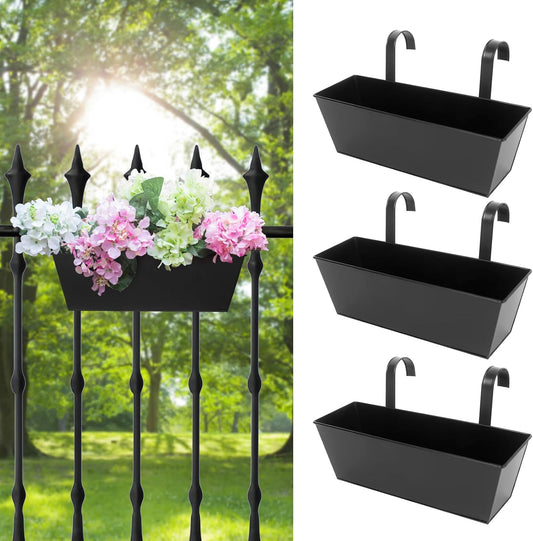 Railing Planters Outdoor Balcony 16 Inch Deck Over The Railing Planter Boxes Hanging Planters for Fence Flower 3 Pcs (Black)