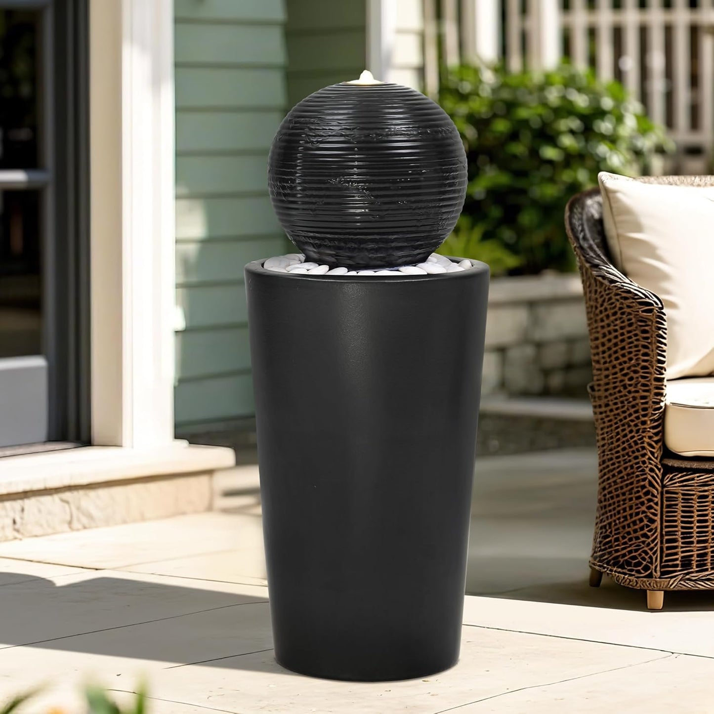 Autodaya 30" H Ceramic Sphere Water Fountain with LED Light, Modern Minimalist Design, Black Glaze with White Pebbles, Soothing Trickling Water Feature, Adding Artistic Charm & Tranquil Ambiance