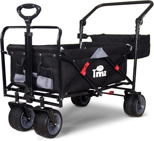 TMZ All Terrain Utility Folding Wagon, Collapsible Garden Cart, Heavy Duty Beach Wagon, for Shopping, Camping, and Outdoor Activities with Push Handle and Brakes (Black/Grey)