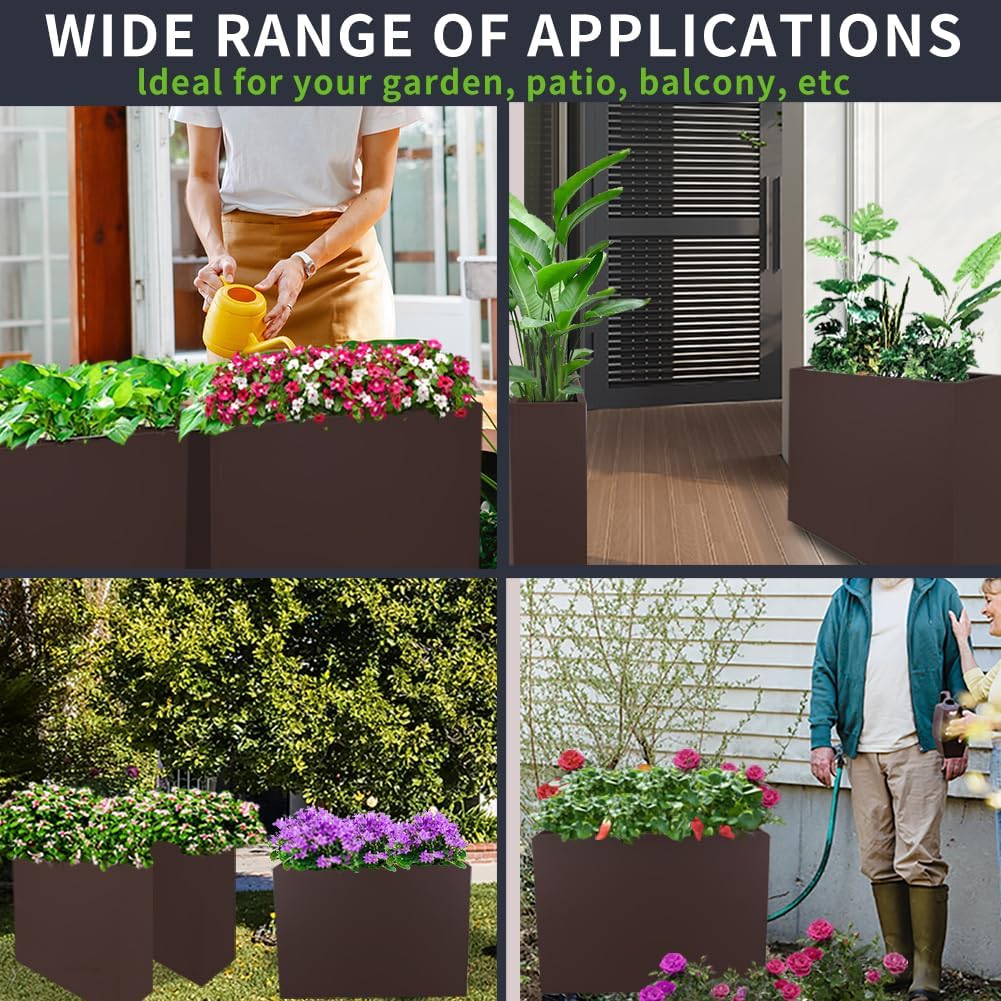 Metal Tall Long Planter Box Large Rectangular Planter Flower Pot with Drainage Holes for Indoor Outdoor Deck Porch Garden Home Patio Front Door (Espresso, S)