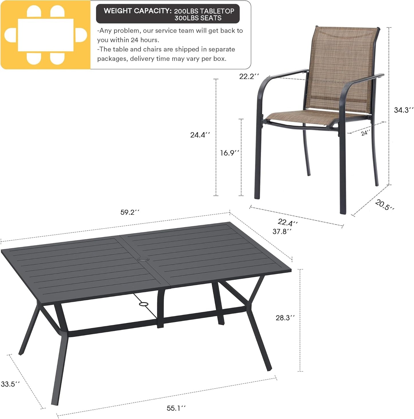 VICLLAX Patio Dining Set for 6, Outdoor Furniture Set Includes 59" Rectangle Patio Table and 6 Patio Sling Chairs, Outdoor Table and Chairs for Outsides, Black Tabletop and Brown Fabric