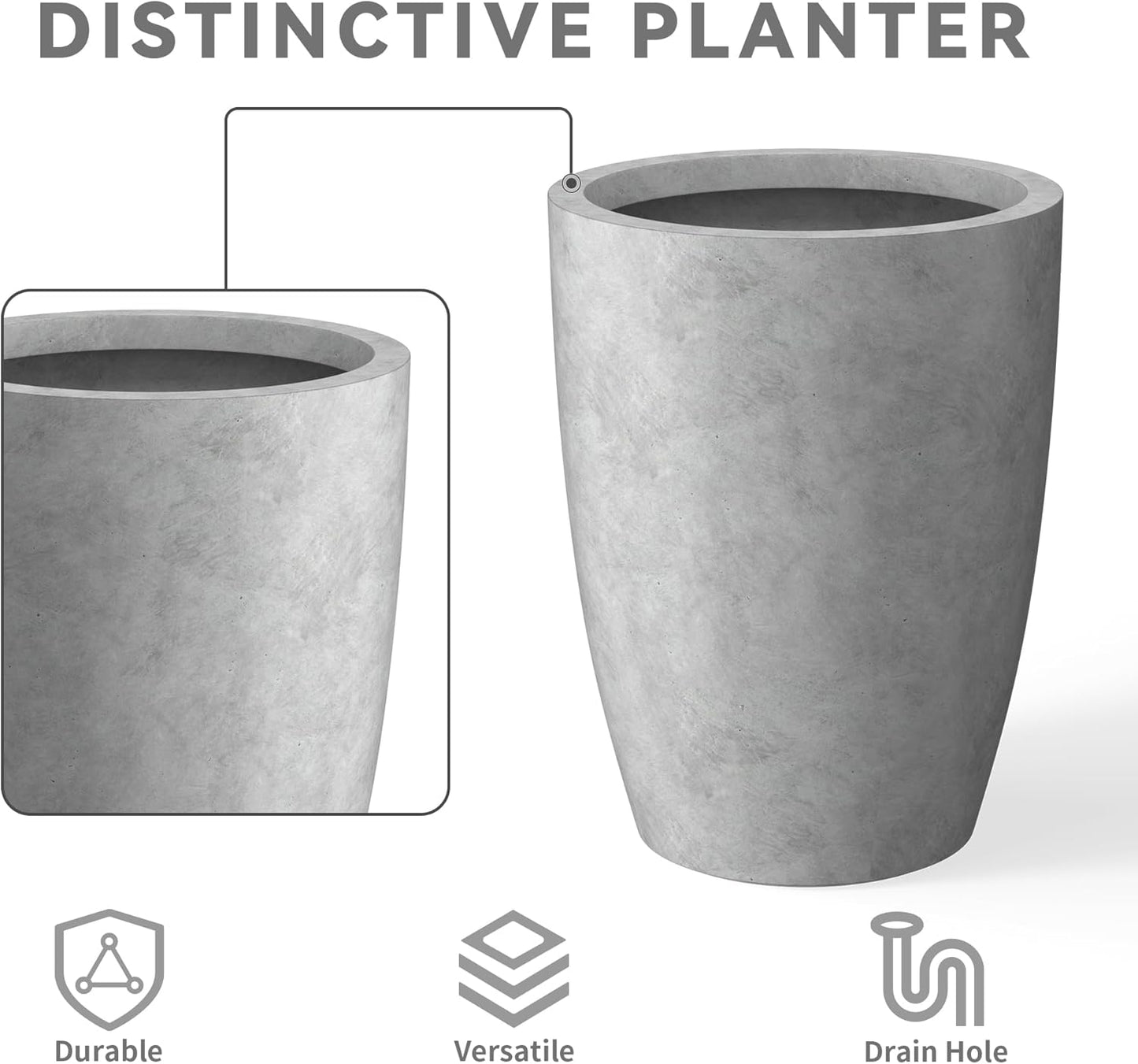 Kante 18.1",20.5",22.4" H Tall Round Concrete Planters Set of 3, Outdoor Indoor Modern Decorative Plant Pots with Drainage Hole & Rubber Plug for Home & Garden Natural Concrete