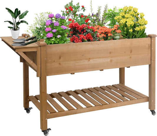 Raised Garden Bed Outdoor with Lockable Wheels, 55"x 24" x 33" Elevated Wood Planter Box for Backyard Balcony Patio , Garden Flower Beds with Drainage Holes & Storage Shelf, Gift for Gardening, Brown