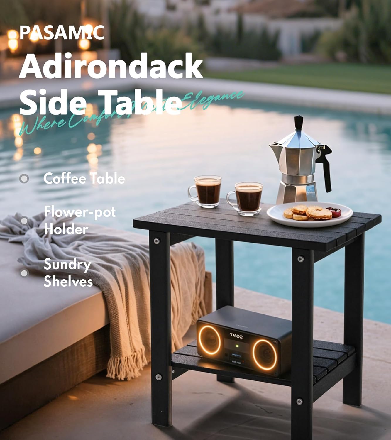 PASAMIC 2-Tier Adirondack Square Side Table, 17" HDPE Outdoor Side Tables, Weather Resistant End Table for Patio, Backyard, Pool, Indoor Companion, Beach, Easy Maintenance (Black)