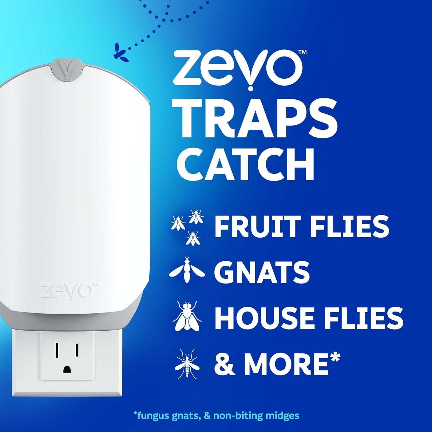 Zevo 4 Flying Insect Traps & 4 Cartridges - Plug In Fly Trap & Indoor Bug Catcher for Gnats, House & Fruit Flies - Mess-Free - Use in Any Room - Uses Blue & UV Light (4 Plug In Devices & 4 Cartridges)