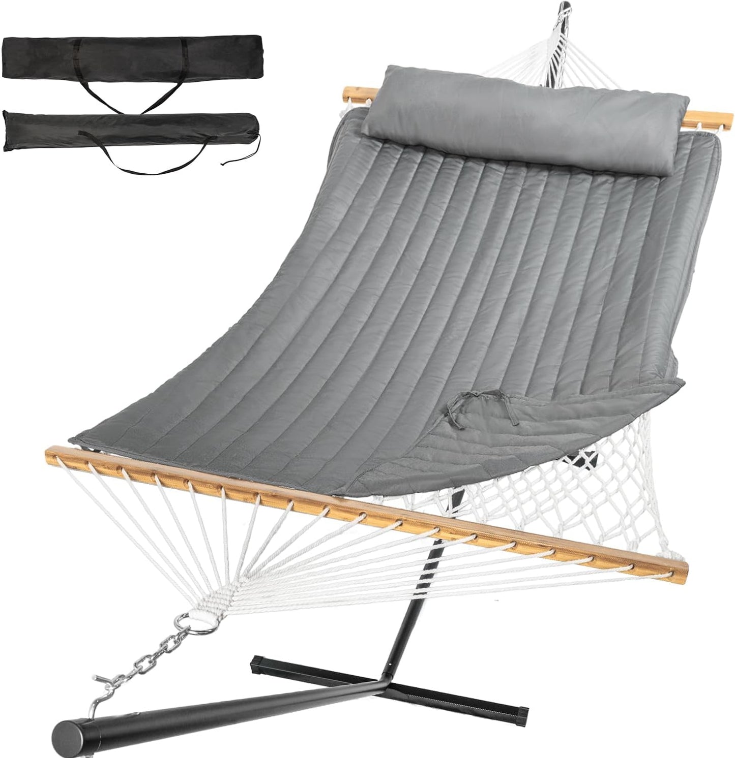 2 Person Outdoor Hammock with Stand, Cotton Rope Hammock with Polyester Pad, Adjustable Steel Frame, Portable with Carrying Bag – for Patio, Backyard, Garden, Beach, Urban-Gray