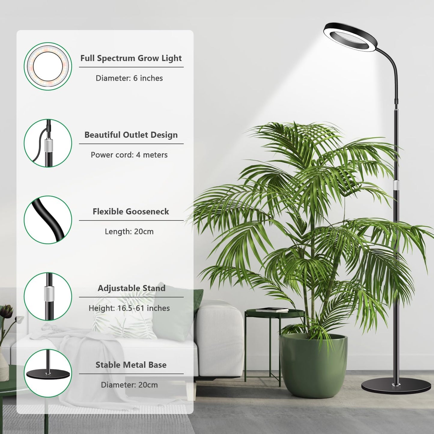 Grow Lights for Indoor Plants, Full Spectrum Floor Standing Plant Lights with 68" Stand for Growing Large Tall Plants, Black Halo LED Plant Grow Light with 6/12/16H Timer