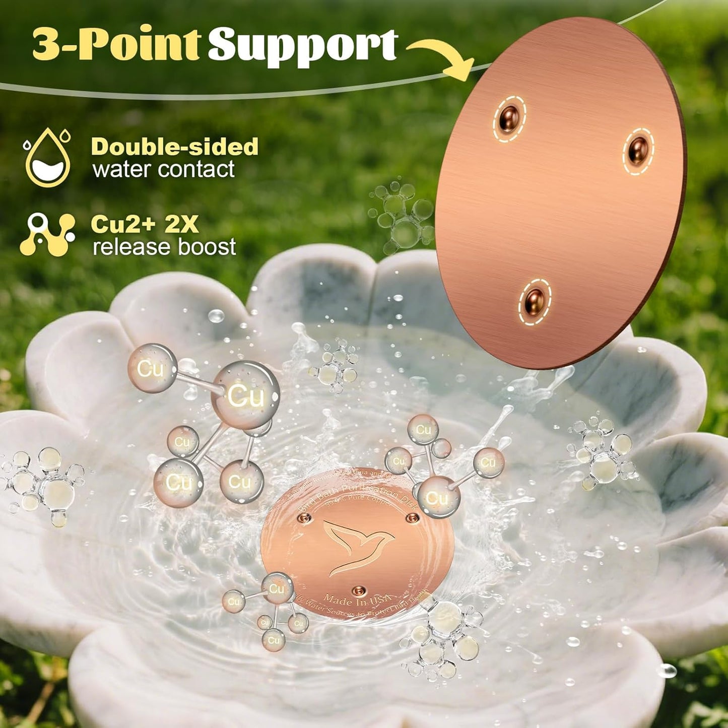 1PC Bird Bath Copper Disk,1mm Thick Reinforced 99.99% Pure Copper Disc with Triple-Point Support,Bird Bath Accessories for Outside Birdbaths Bowls Physical Safe Water Cleaner for All-Season Use