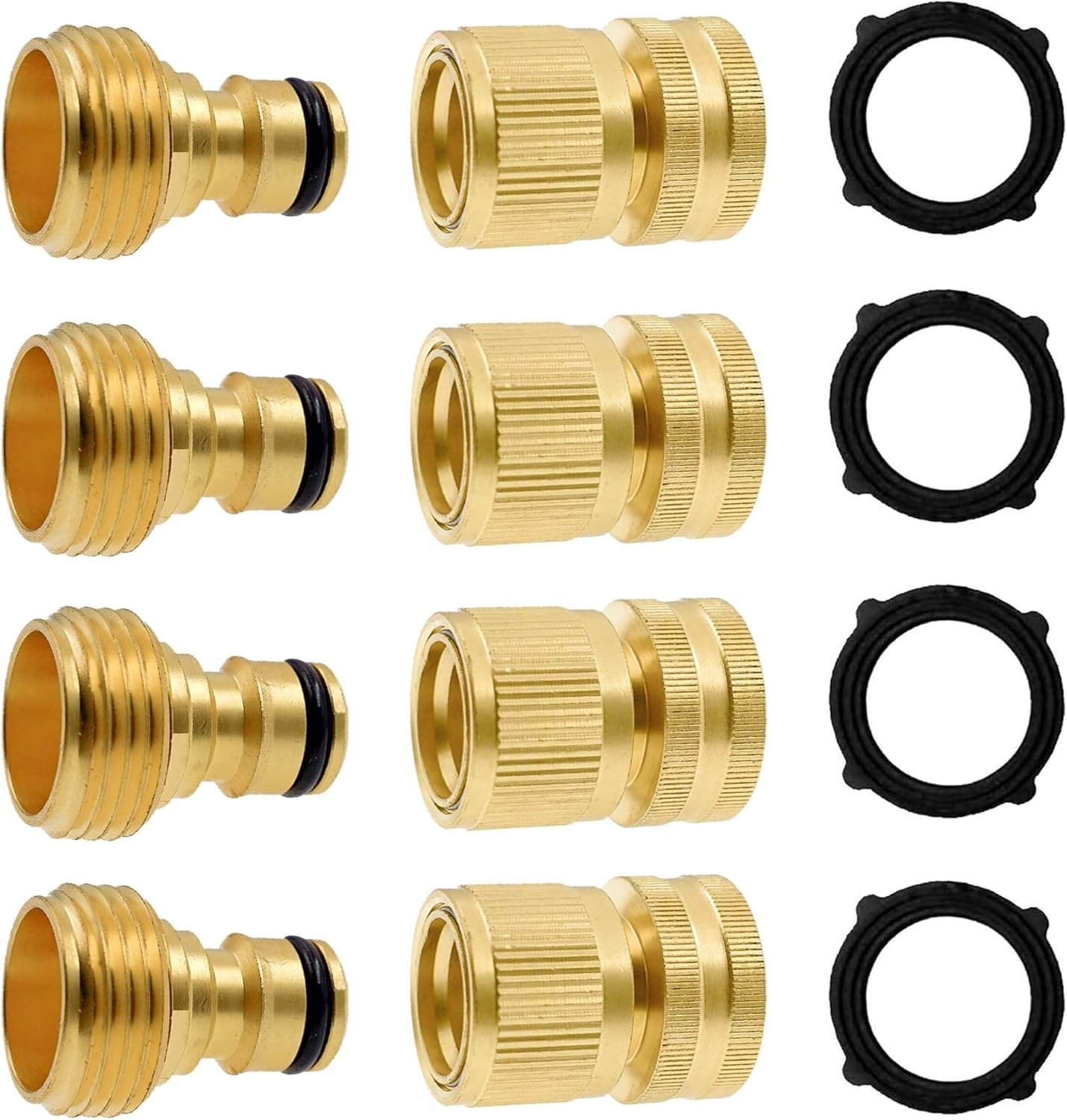 Hourleey Garden Hose Quick Connector, Solid Brass 3/4 Inch GHT Thread Garden Quick Connect Kit, Male and Female No-Leak Water Hose Fittings (4 Set)