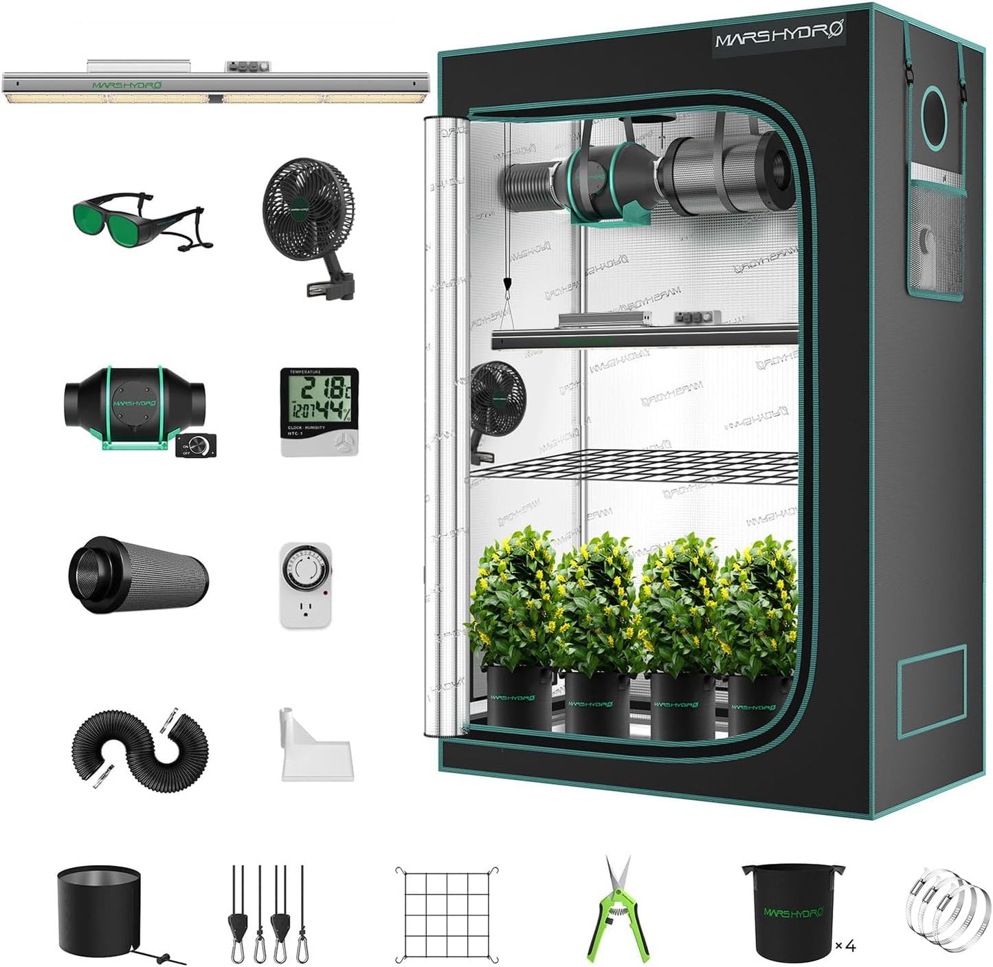 MARS HYDRO 2x4 Grow Tent Kit Complete System,300W Remote WiFi Control Dimmable SP3000 Light, 24"x48"x71" 1680D High Reflective Mylar with 4inch Adjustable Speed Ventilation System,10 Speed Clip Fan