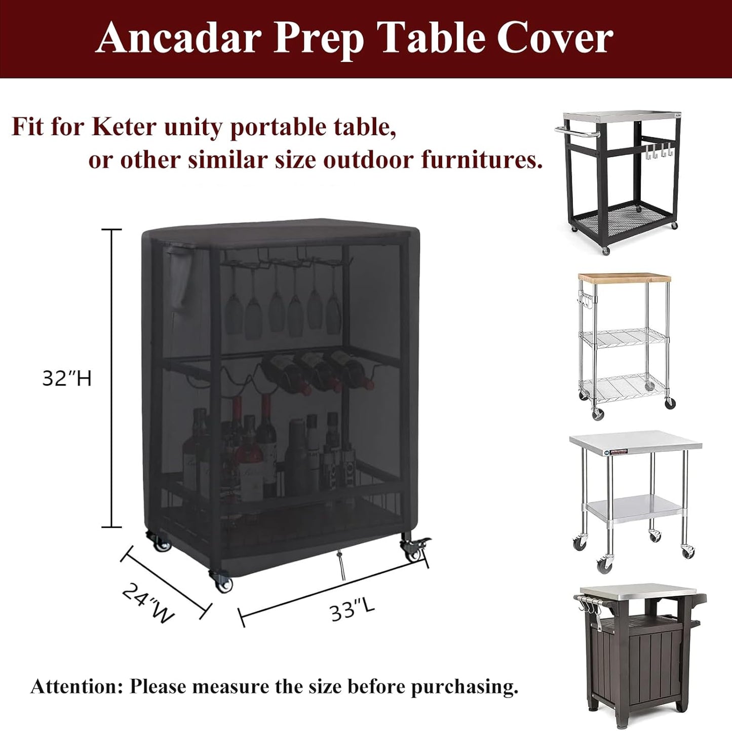 Prep Table Cover for Keter Unity Small Portable Table, 33inch Outdoor BBQ Cart Cover Buffet Grill Table Cover Bar Tool Cart Cooler Covers Waterproof