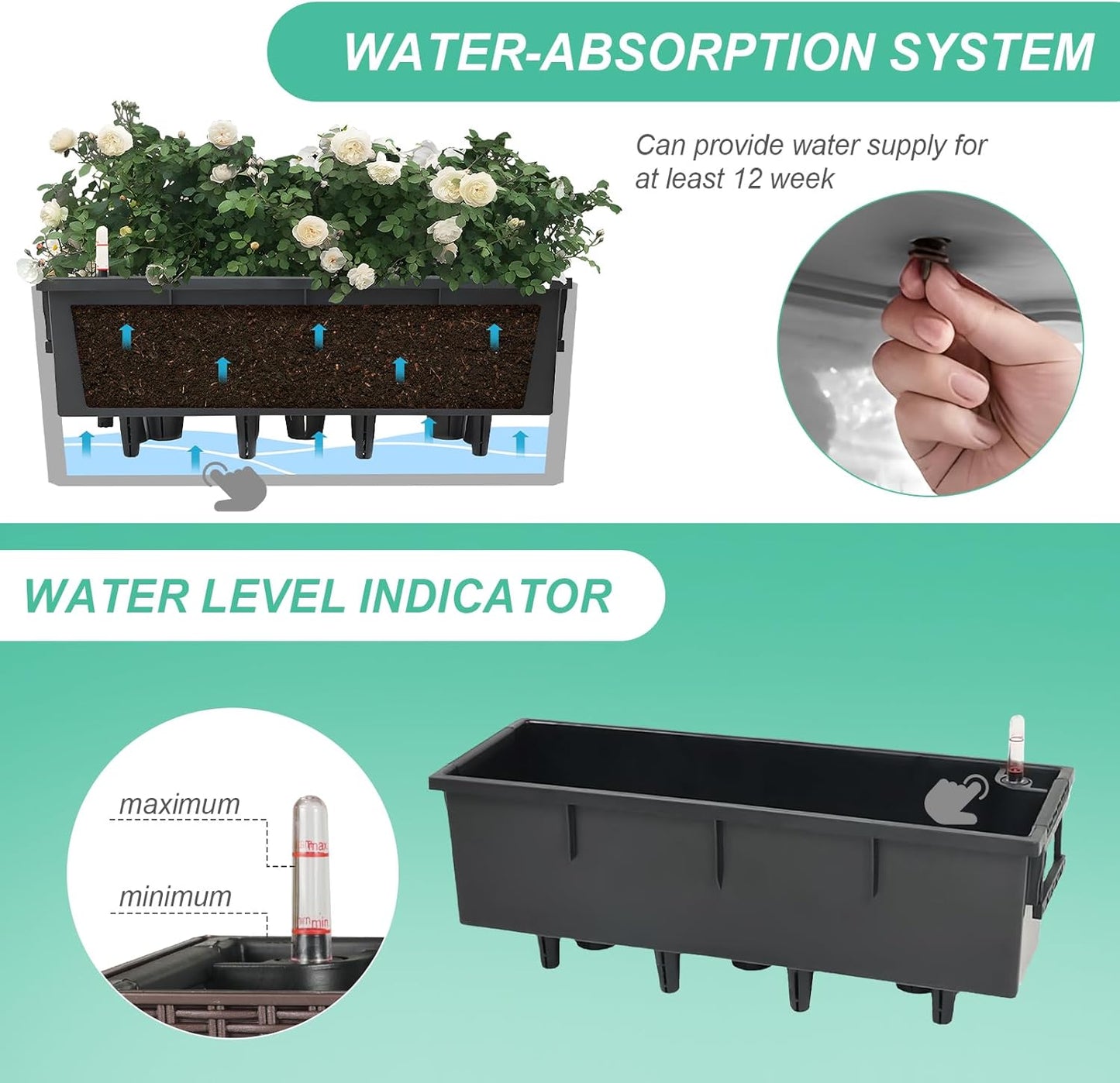 Aoodor 4Pcs 19.5" Rectangular Window Box Wall Mount/Railing Planter, Self-Watering Planter with Adjustable Bracket, for Fence, Balcony, Patio, and Outdoor Decor - Grey