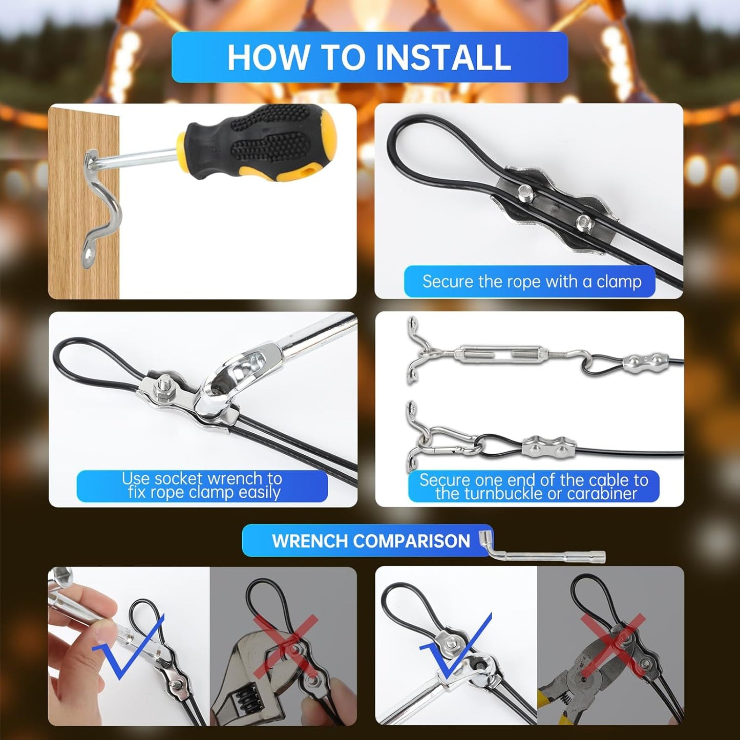 165FT String Light Hanging Kit,304 Stainless Steel Cable Kit - Heavy Duty 480LB Capacity, Adjustable Turnbuckles & Complete Accessories for Clothesline, Garden Rigging